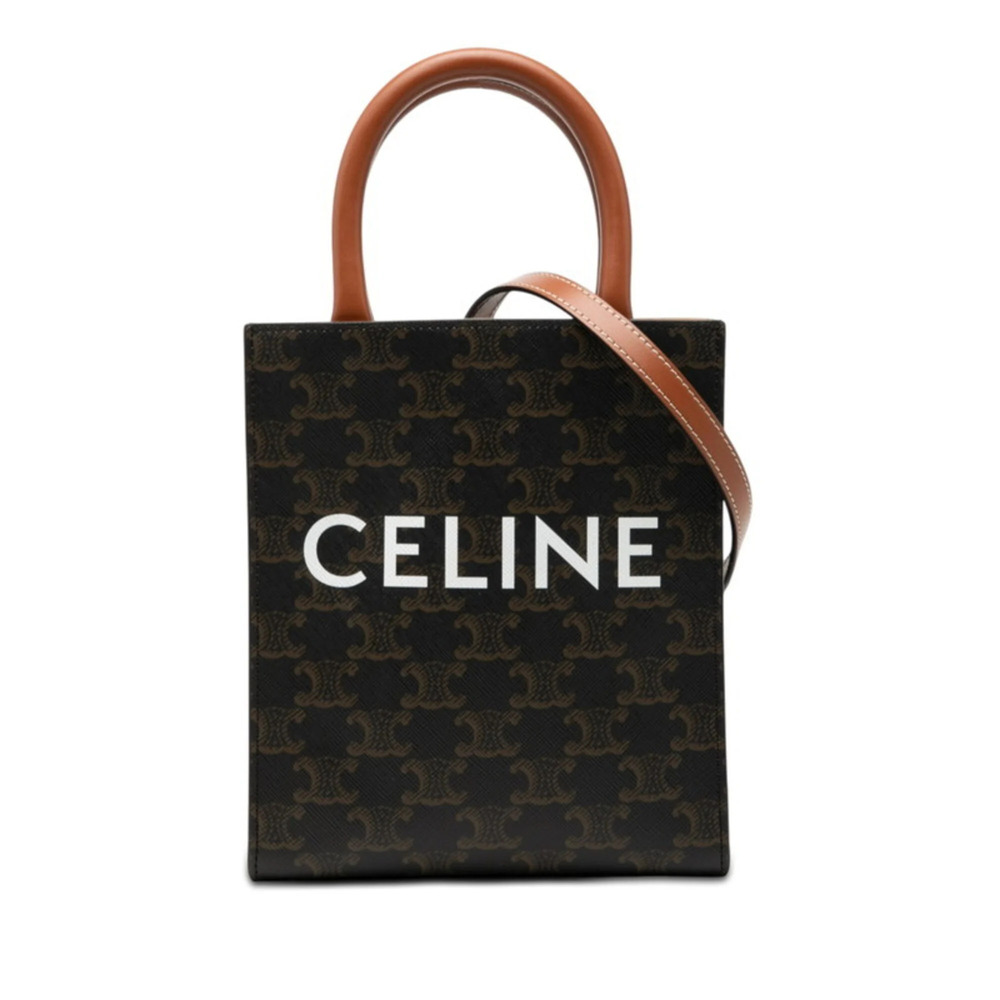 Celine Triomphe Vertical Cabas Mini Handbag Shoulder Bag 2-Way Brown Leather ... - Picture 1 of 5